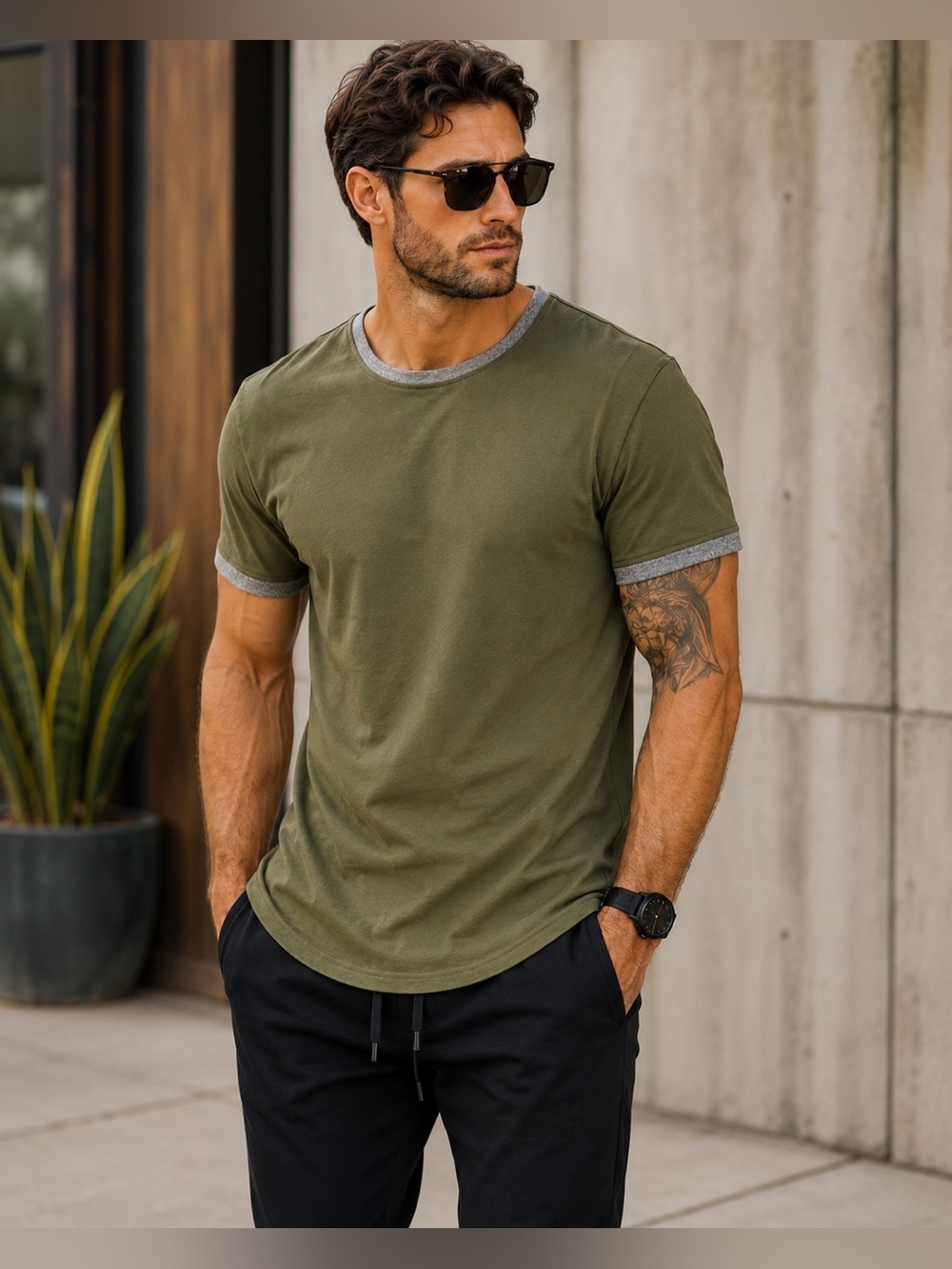BYLT Basics Olive Green Crewneck Tee with Gray Trim